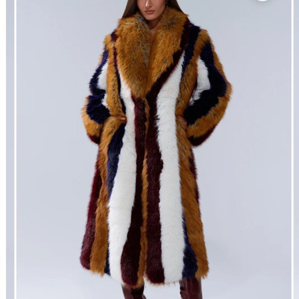 AKIRA Alaia Striped Faux Fur Coat Women's Large L/XL Multicolor Mob Wife Glam